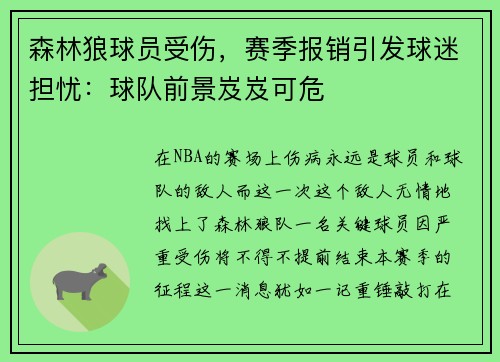 森林狼球员受伤，赛季报销引发球迷担忧：球队前景岌岌可危