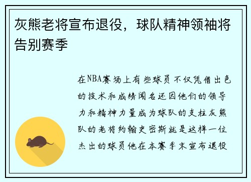 灰熊老将宣布退役，球队精神领袖将告别赛季