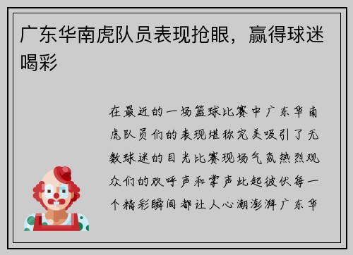 广东华南虎队员表现抢眼，赢得球迷喝彩